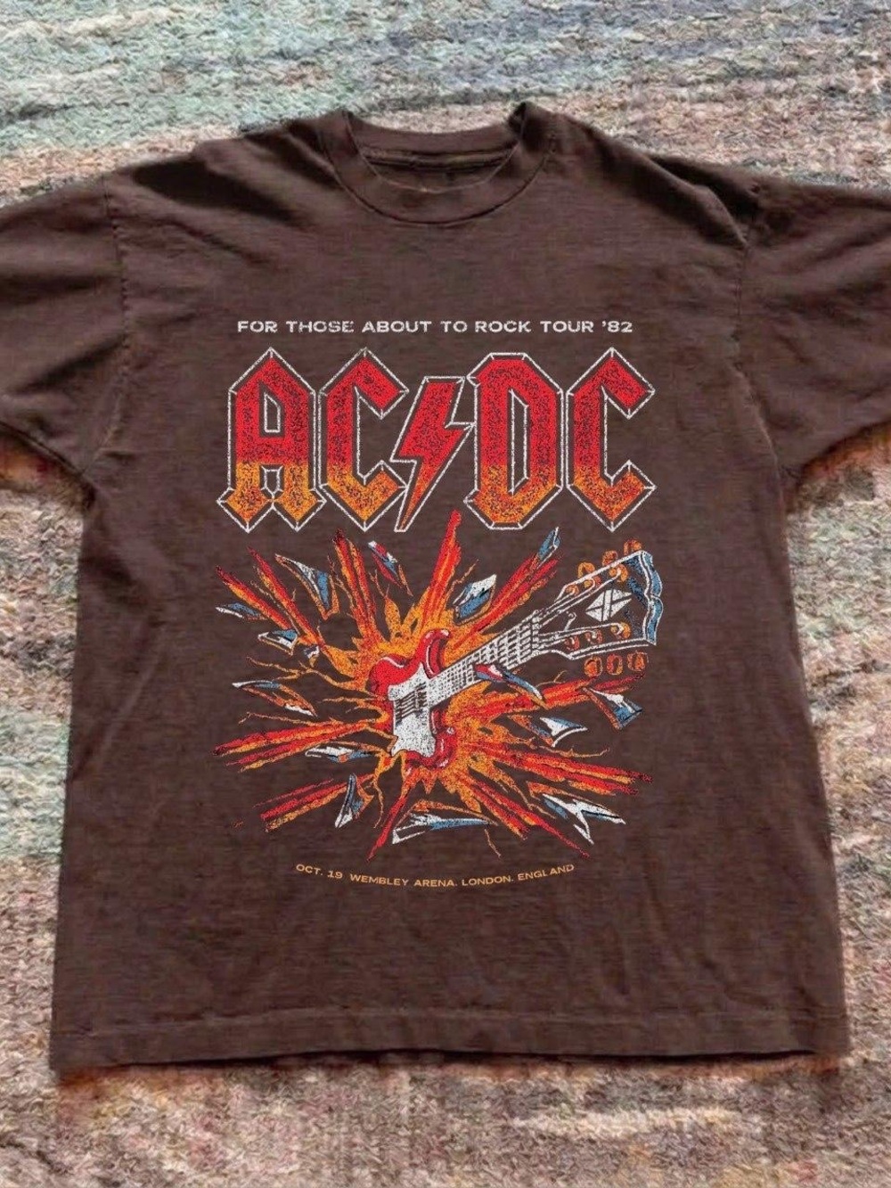 Gildan Brown AC/DC Tour Tee with Red and Orange Guitar Burst